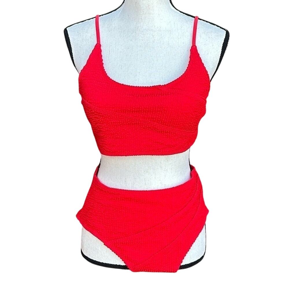 Vibrant Red Ribbed High Waisted Bikini Set Crop Top Style Two Piece Swimsuit L